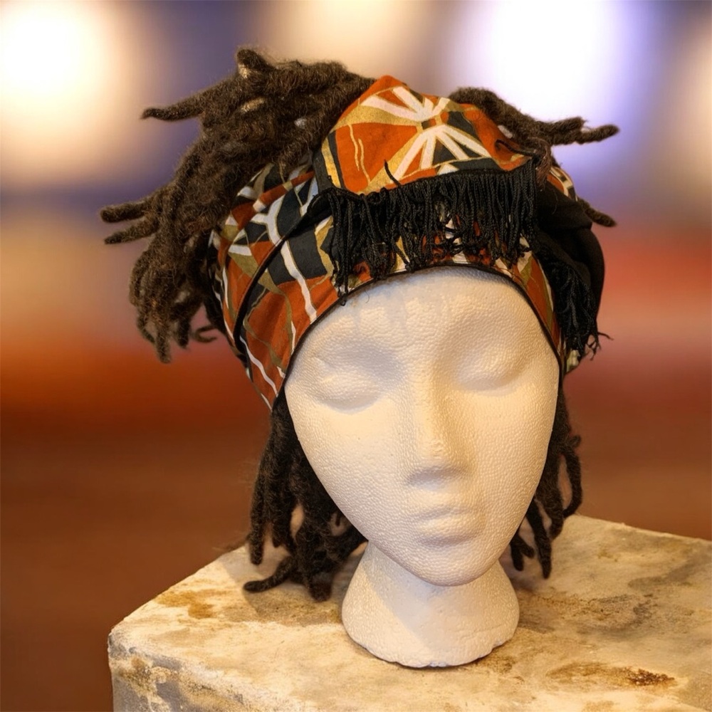 Vintage 90s African Fabric Orange/Black Patterned Hat and Scarf Set - Picture 2 of 3